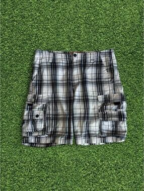 Vintage Y2K Lee Dungarees Plaid Cargo Shorts Black White Utility Shorts Sz 35''